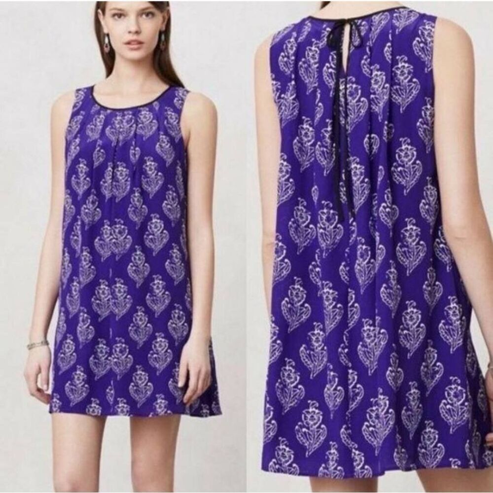 Anthropologie Maeve Sz S purple pedal stamp 100% Silk Rosa dress